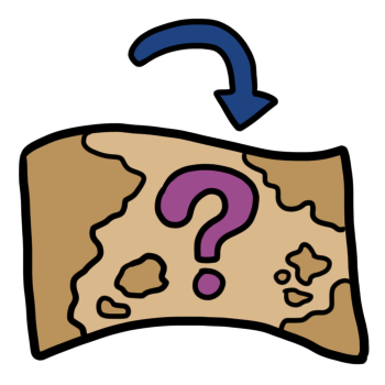 a tan map with splotches of color representing land and a purple question mark in the center is pointed at by a blue arrow